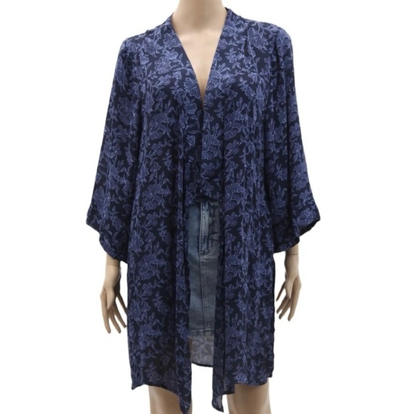 TAHARI Duster Kimono Flowing Navy Med Blue Floral 3/4 Slv Like-New Sz L XL - Picture 9 of 9
